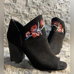 Women’s Embroidered Black Suede Peep Toe Bootie by Carlos Santana